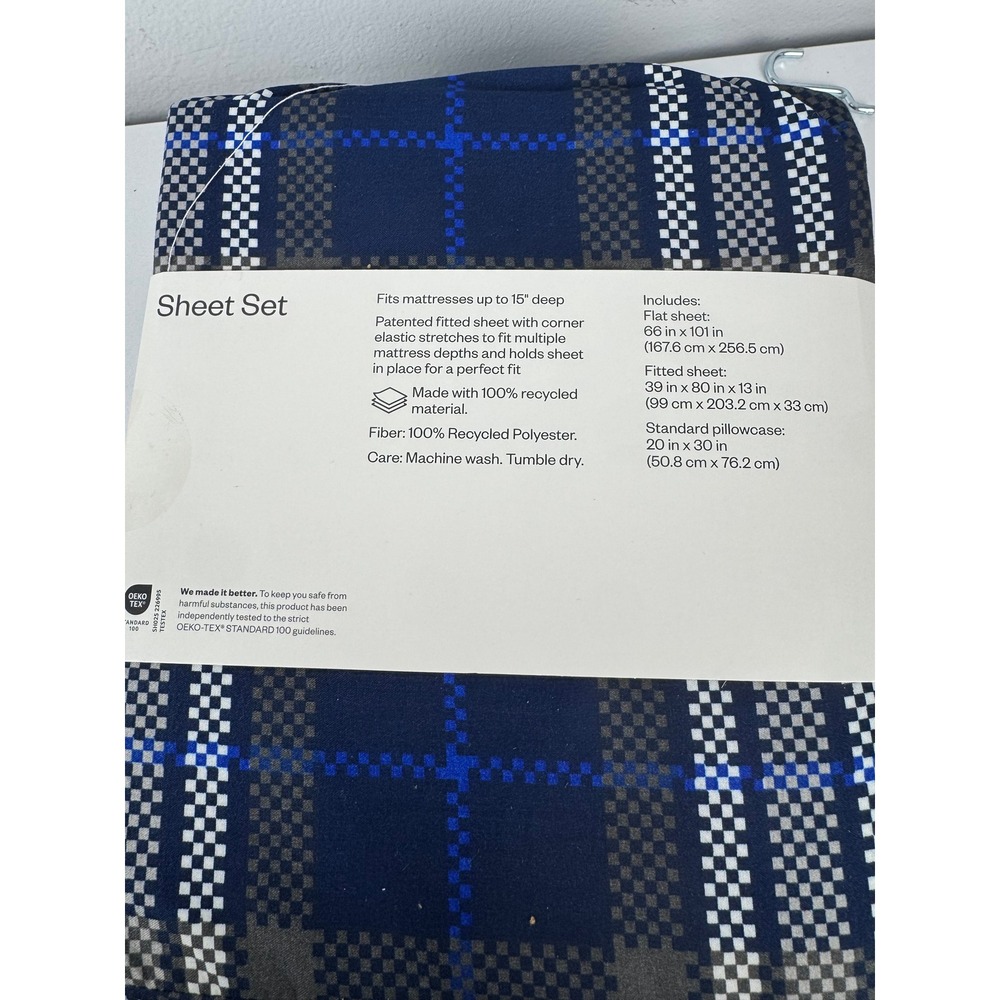 Room Essentials Twin XL Sheet Set Navy Blue Gray Plaid Microfiber 3 Piece NEW - Picture 6 of 10